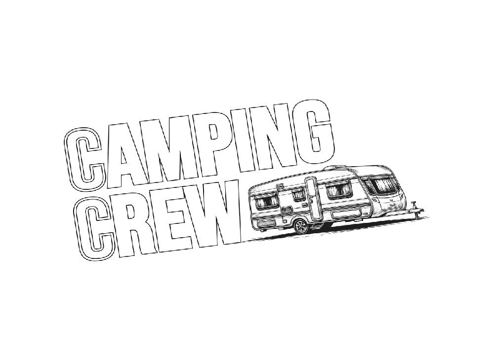 Motiv „Camping Crew“ mit Wohnwagen – weißer Druck auf schwarzem Grund