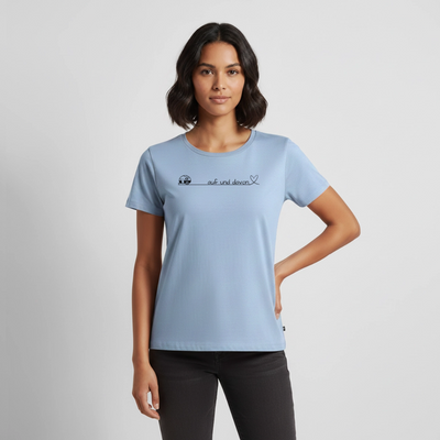 Auf und Davon - Damen Camping T-Shirt - Wohnwagen - Hellblau