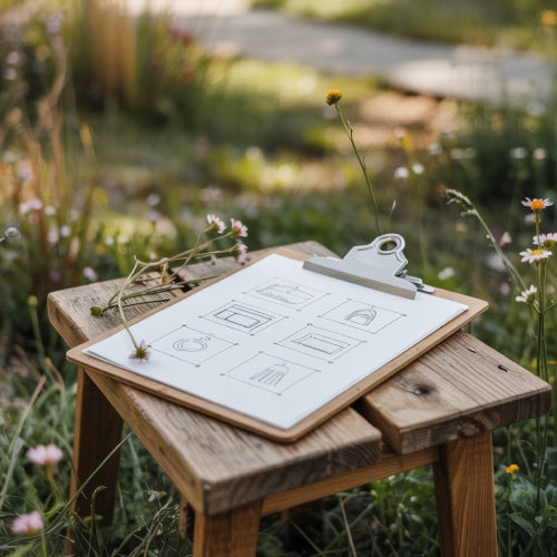 Klemmbrett mit ersten Design-Skizzen auf einem Holzhocker in der Wiese
